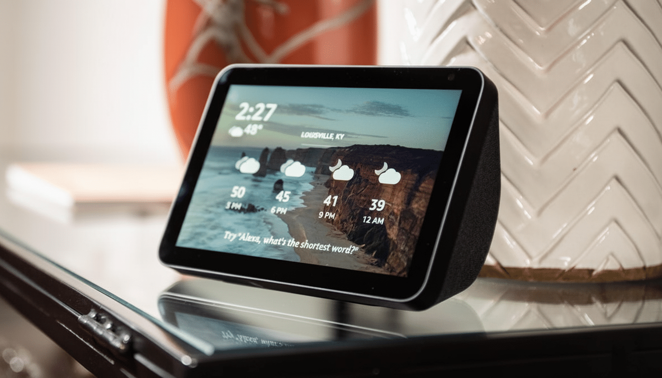 An Amazon Echo Show 8 displaying weather information and the time, positioned on a reflective surface with a blurred background of indoor plants.
