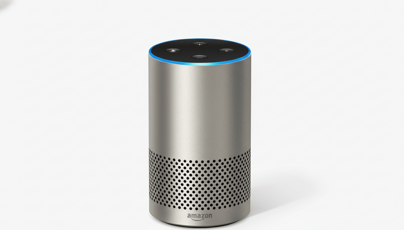 A silver Amazon Echo smart speaker with a glowing blue light ring at the top, presented on a clean white background.
