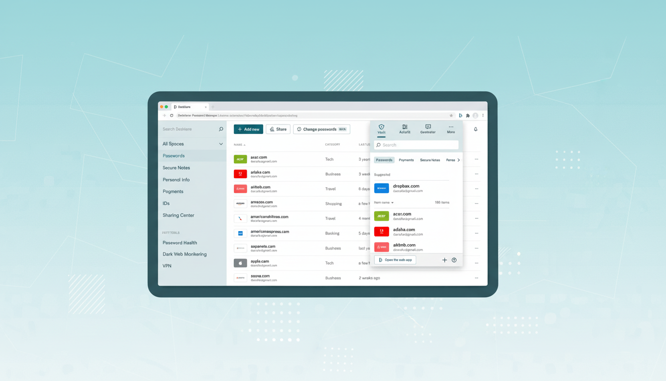 A screenshot of the Dashlane password manager interface, displayed on a computer screen. The interface shows a list of saved passwords for various websites like Acer, Adobe, Airbnb, Amazon, American Airlines, American Express, AppAnnie, Apple, and Asana. A dropdown menu is open, displaying suggested passwords and options for Vault, Autofill, and Generator. The background is a light blue with subtle geometric patterns.