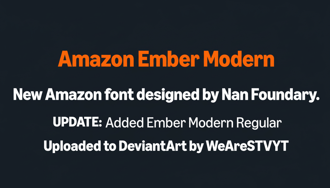A dark gray background with the text Amazon Ember Modern in large orange font, and smaller white text below it describing the font s origin and update