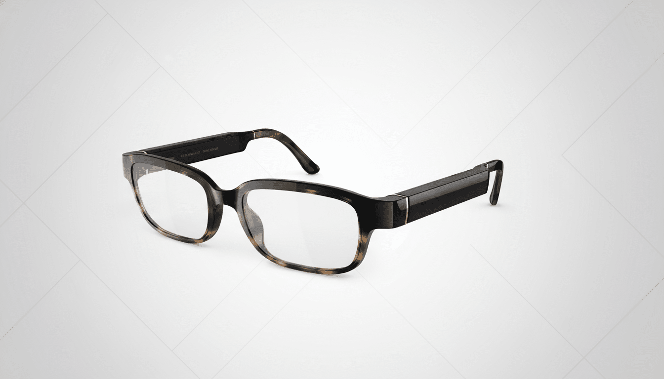 A pair of smart glasses with tortoise - shell frames and thick black temples, presented at a slight angle on a subtle gray patterned background.