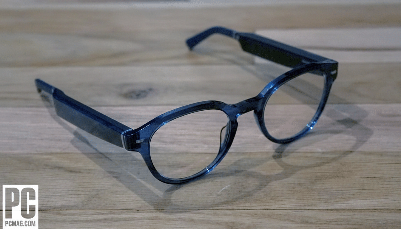 Blue smart glasses on a wooden surface, with a professional and clean presentation, resized to a 16: 9 aspect ratio.