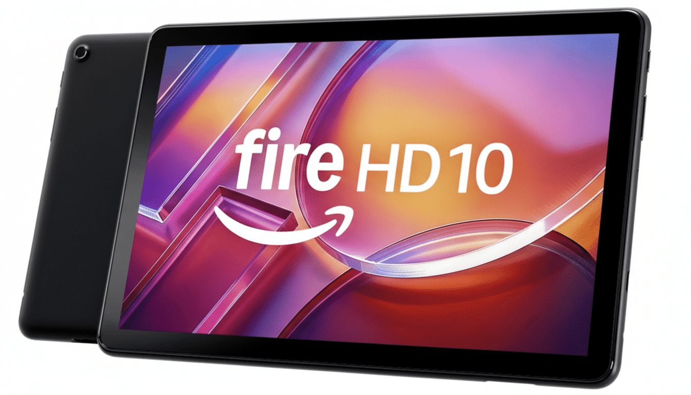 An Amazon Fire HD 1 0 tablet is displayed against a professional flat white background, with a subtle gradient effect for a clean presentation. The screen shows the fire HD 10  logo .