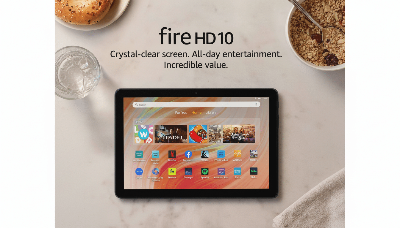 An Amazon Fire HD 1 0 tablet is displayed on a light surface with a bagel, a glass of water, and a bowl of oatmeal in the background. The tablet scree