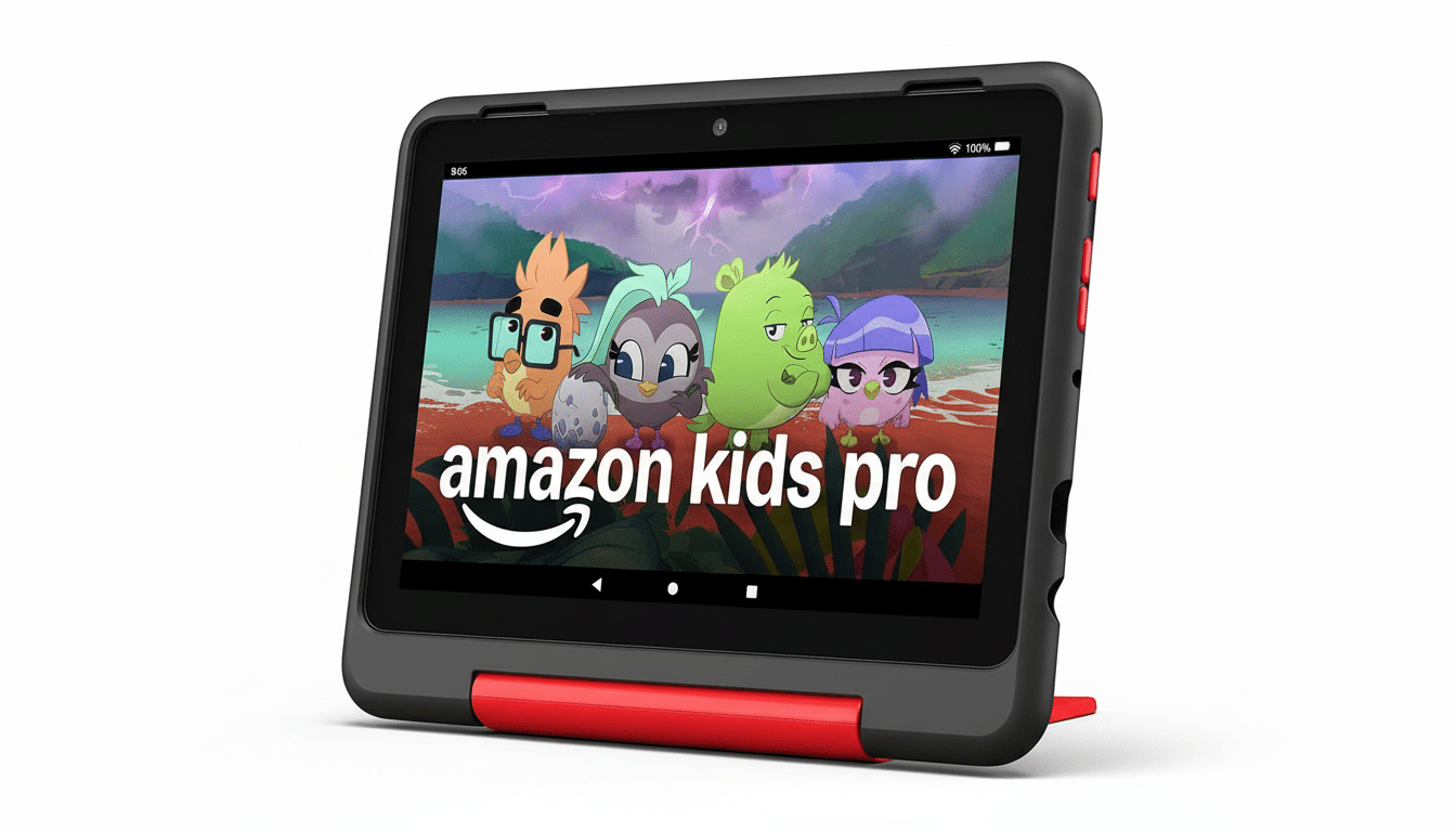A black Amazon Fire HD 8 Kids tablet displaying the Amazon Kids+ home screen with Angry Birds characters and the amazon kids pro logo, shown at a 16: