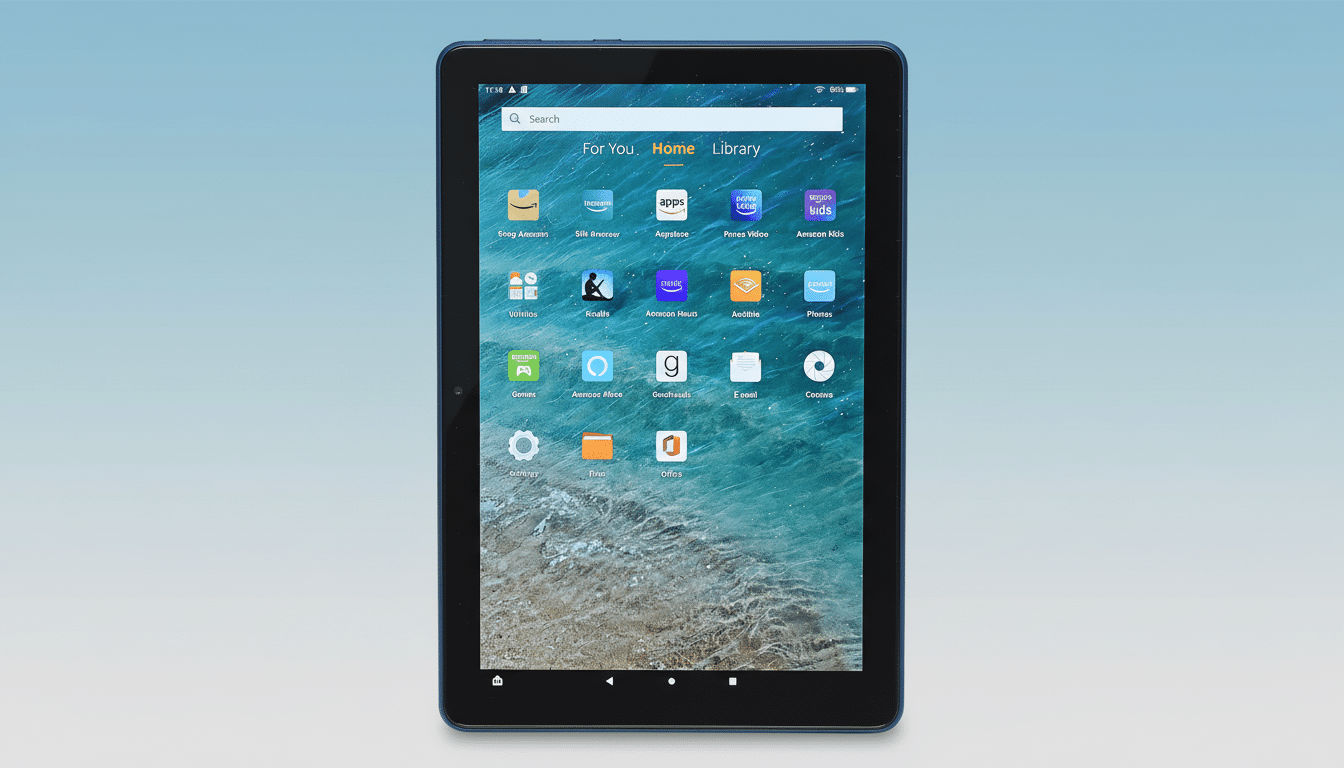 An Amazon Fire tablet with its home screen displaying various apps, presented on a light blue gradient background.