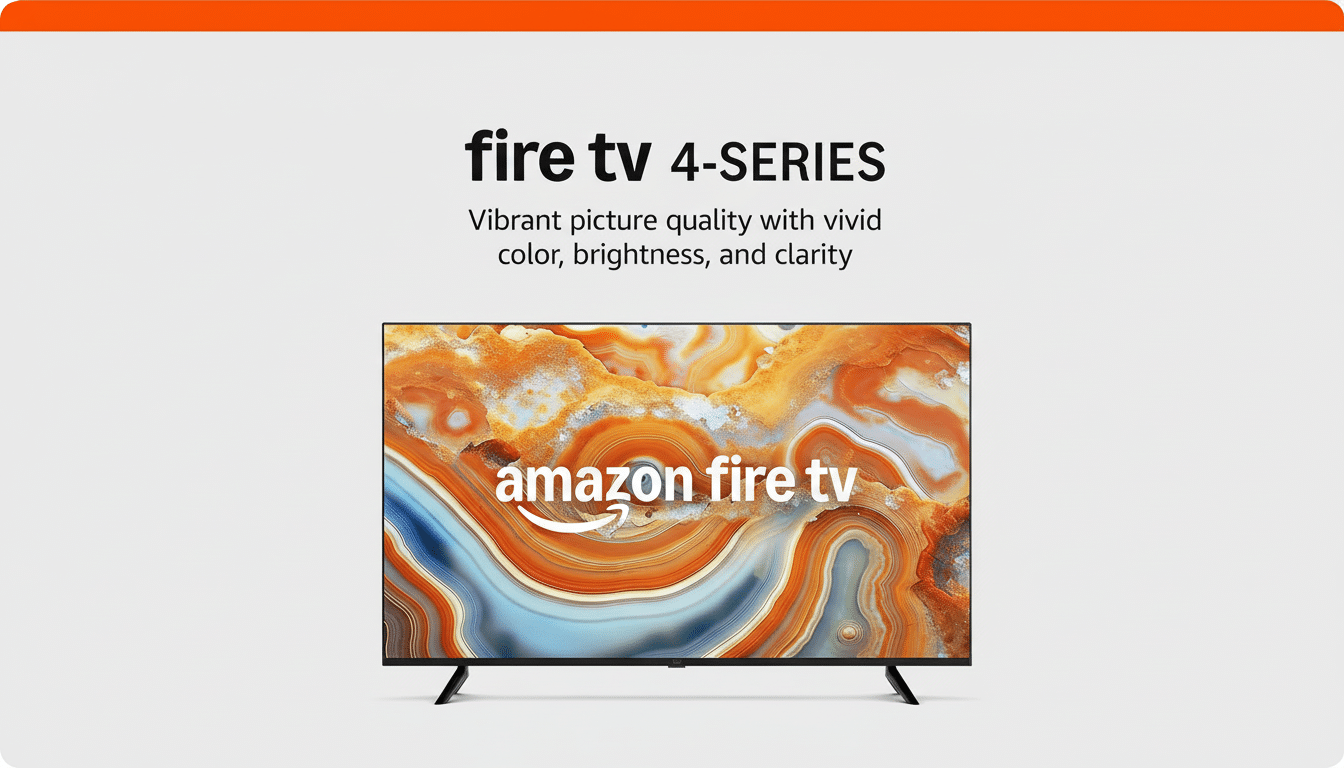 Amazon Fire TV 4- Series television with a vibrant, abstract background on its screen, set against a clean grey and orange background.
