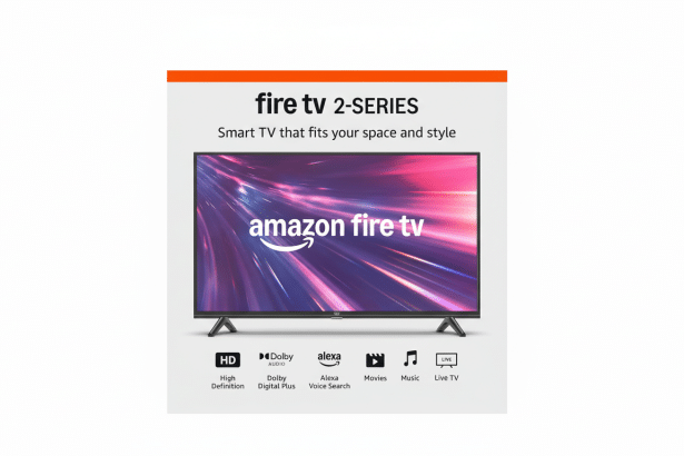 An Amazon Fire TV 2 -Series smart TV with a vibrant display and features listed below. Filename : amazonfire tv2 series 16 9. png