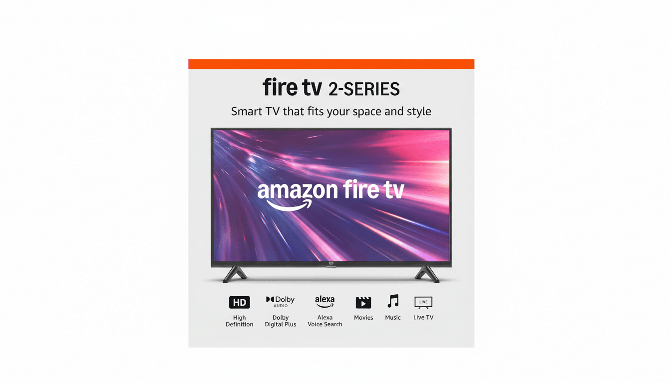 An Amazon Fire TV 2 -Series smart TV with a vibrant display and features listed below. Filename : amazonfire tv2 series 16 9. png