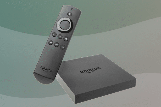 An Amazon Fire TV box and its remote control are shown on a professional flat design background with soft patterns and gradients.
