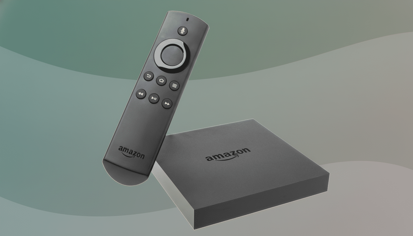 An Amazon Fire TV box and its remote control are shown on a professional flat design background with soft patterns and gradients.