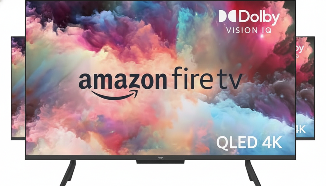 A front view of an Amazon Fire TV QLED 4K television, displaying a colorful, abstract background with the amazon fire tv logo and Dolby Vision IQ and QLED 4K branding.