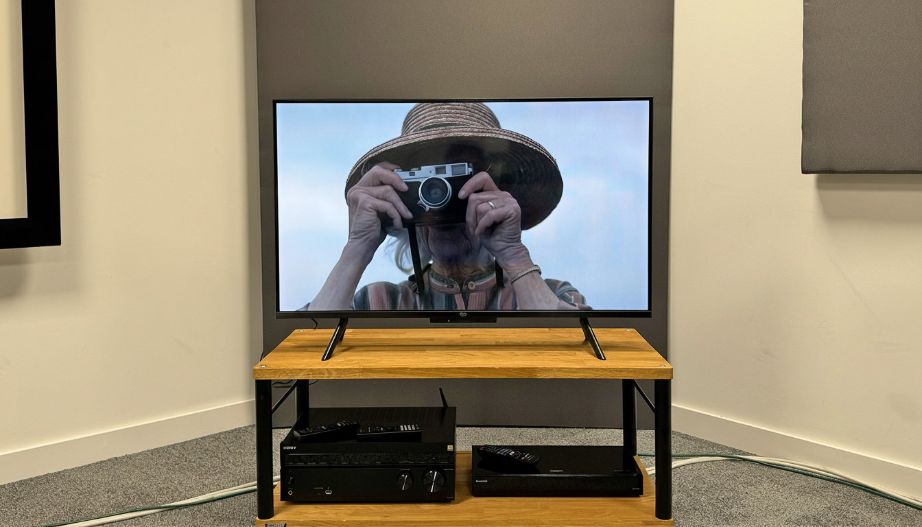 A television screen displaying a person in a straw hat holding a camera, set on a wooden stand with audio equipment below, in a room with light walls and acoustic panels.