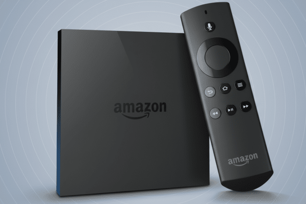 Amazon Fire TV device and remote control on a professional flat design background with soft patterns