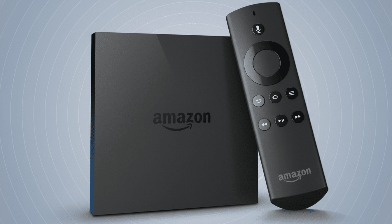 Amazon Fire TV device and remote control on a professional flat design background with soft patterns