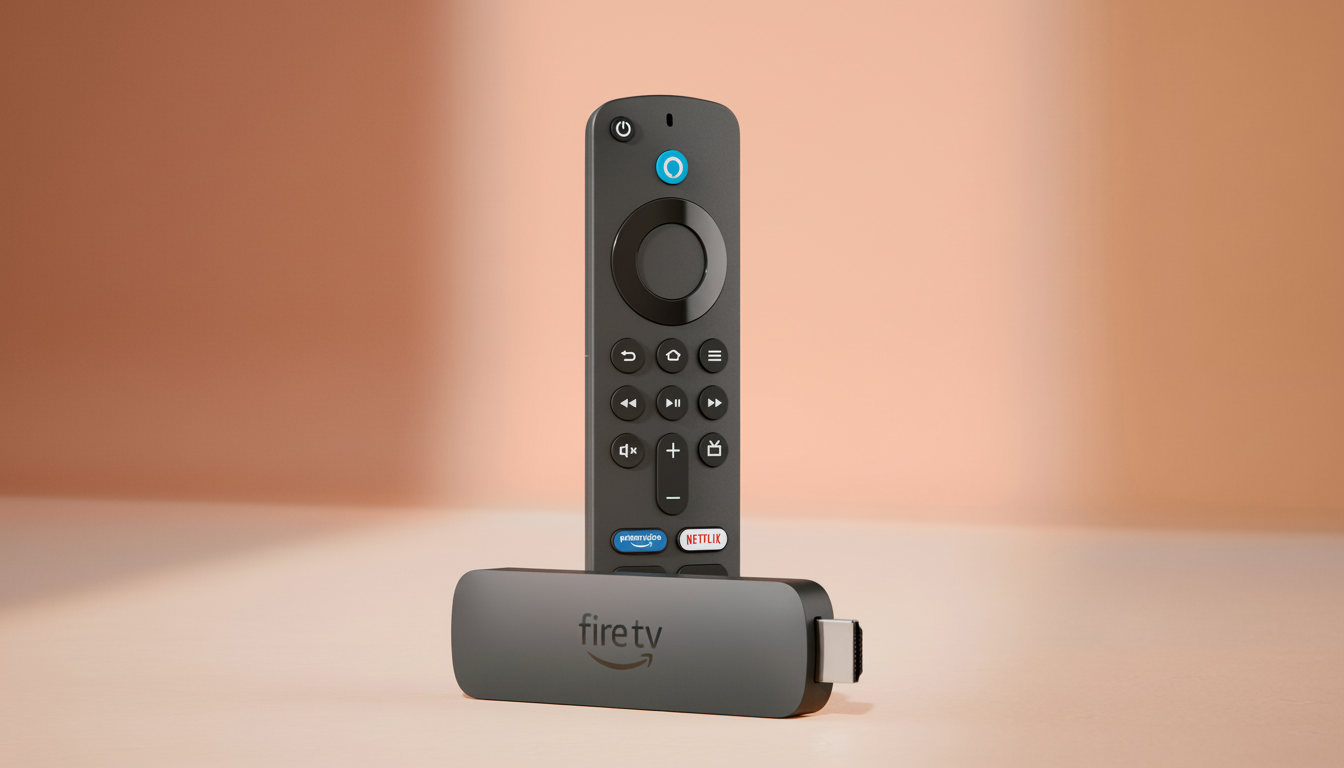 A black Amazon Fire TV remote stands upright behind a horizontal Fire TV stick, both centered against a soft, peachy-pink background.