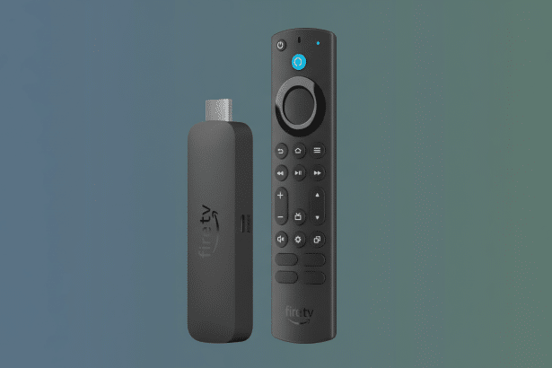 Fil med here is an Amazon Fire TV Stick and its remote control, both in dark gray, presented again