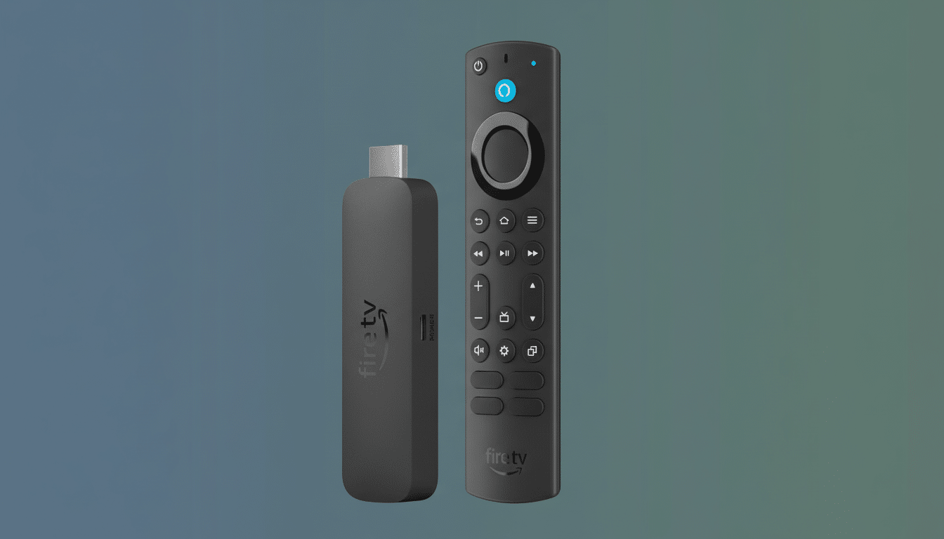Fil med here is an Amazon Fire TV Stick and its remote control, both in dark gray, presented again