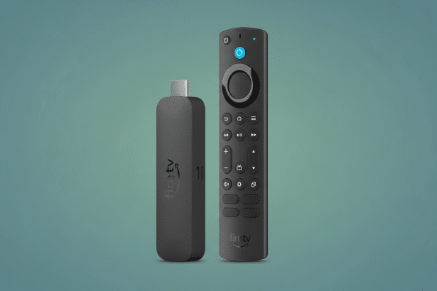 Amazon Fire TV Stick and remote control with a soft gradient background.