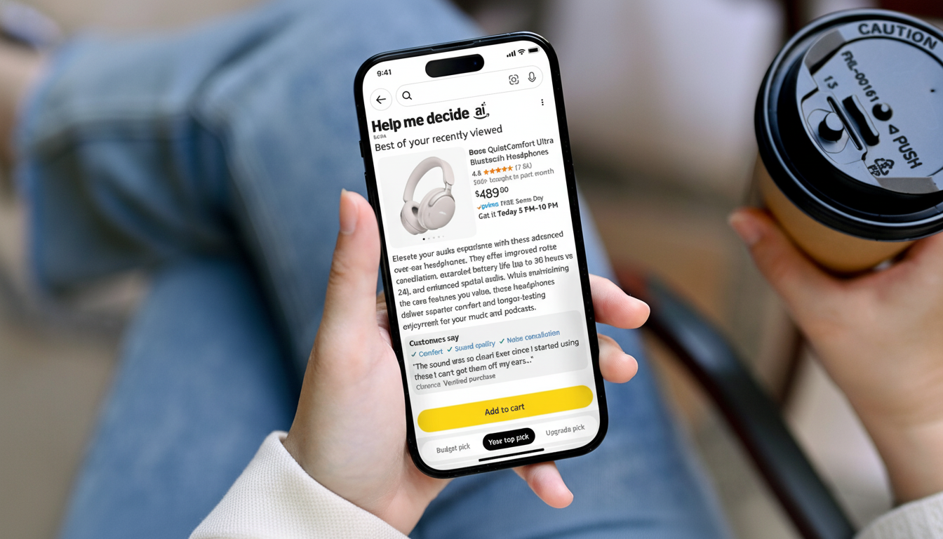 A person holding a smartphone displaying an Amazon product page for Bose QuietComfort Ultra Bluetooth Headphones, with a coffee cup visible on the right.