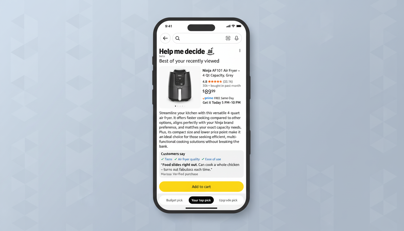 A smartphone displaying an Amazon product page for a Ninja AF101 Air Fryer, set against a professional flat design background with soft patterns.