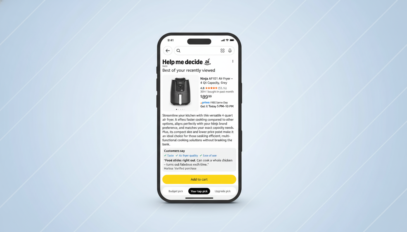 A smartphone displaying an Amazon product page for a Ninja AF101 Air Fryer, set against a light blue background with a subtle gradient.