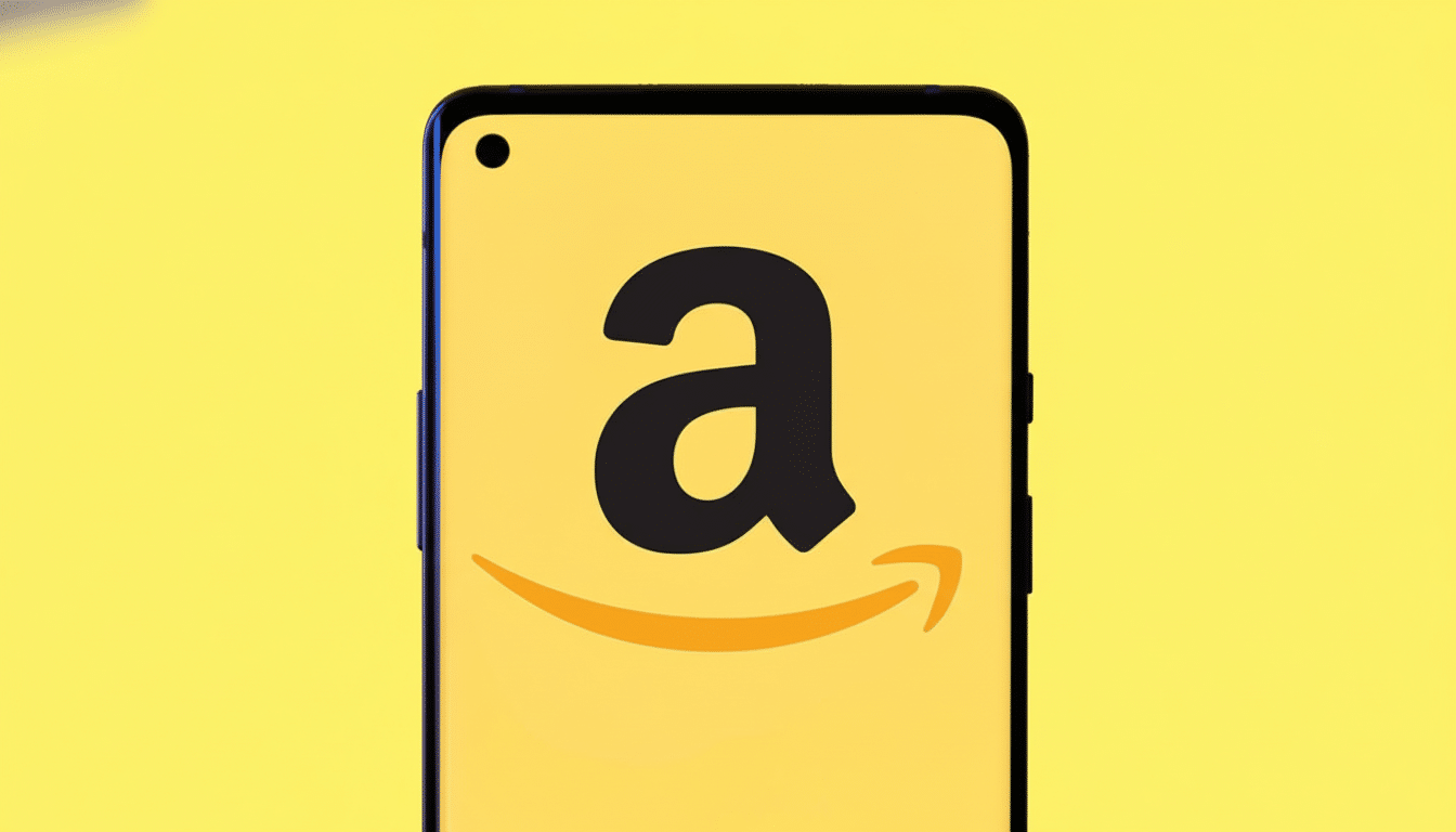 Close -up of a smartphone displaying the Amazon logo with its characteristic 'a' and arrow smile on a yellow background. Filename : amazonlogo onsmartphone . png