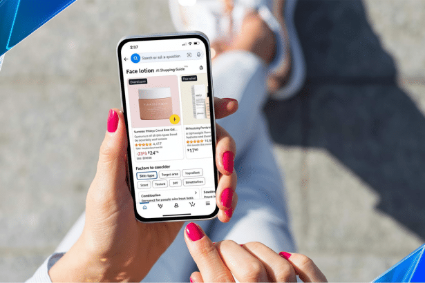 A person holding a smartphone displaying an online shopping guide for face lotion, with various product options and filters visible on the screen.