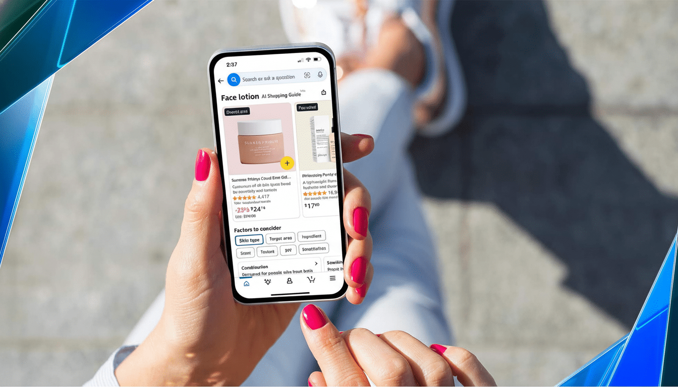 A person holding a smartphone displaying an online shopping guide for face lotion, with various product options and filters visible on the screen.