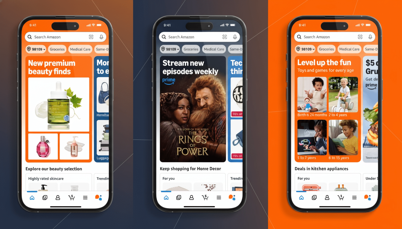 Three iPhones displaying different Amazon app screens on a gradient orange and black background . The leftmost phone shows beauty products, the middle one displays The Lord of the Rings : The Rings of Power, and the rightmost features toys for different age groups.
