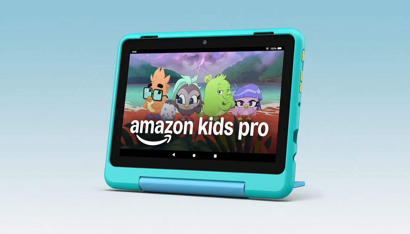 An Amazon Kids Pro tablet in a teal case, displaying a colorful amazon kids pro logo with cartoon