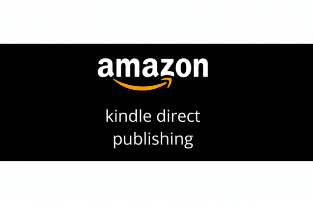 A professional banner displaying the Amazon logo and kindle direct publishing text on a black background, with white borders on the top and bottom to
