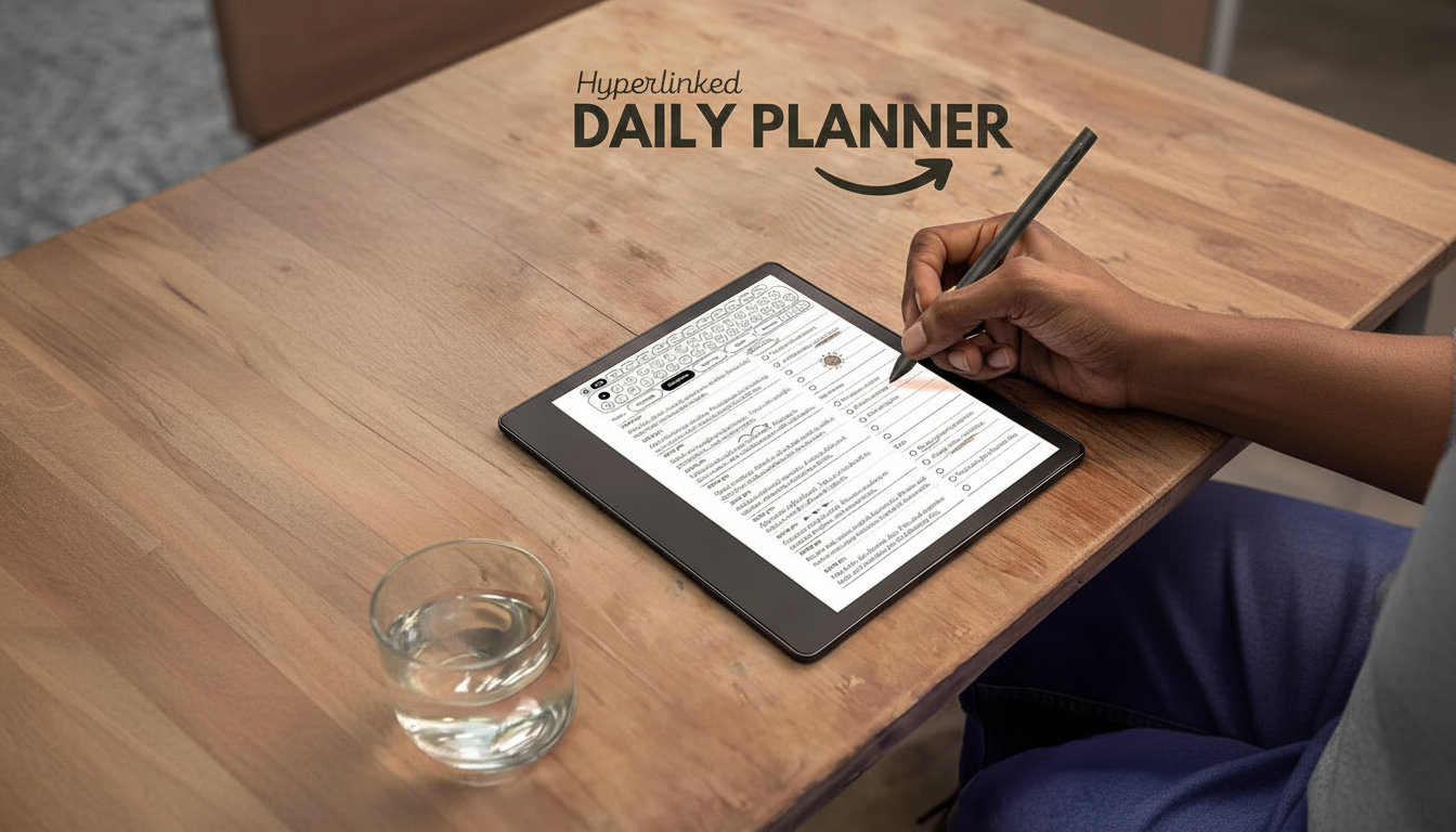 A persons hand writing on a digital daily planner displayed on a tablet, resting on a wooden table next to a glass of water. The planner has Hyperlinked DAILY PLANNER as a title.
