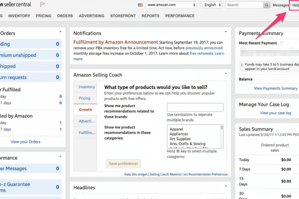 Screenshot of the Amazon Seller Central dashboard with a red arrow pointing to the Help link in the top navigation bar. Filename : amazonseller centralhelp . png