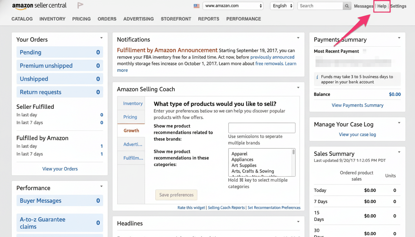 Screenshot of the Amazon Seller Central dashboard with a red arrow pointing to the Help link in the top navigation bar. Filename : amazonseller centralhelp . png
