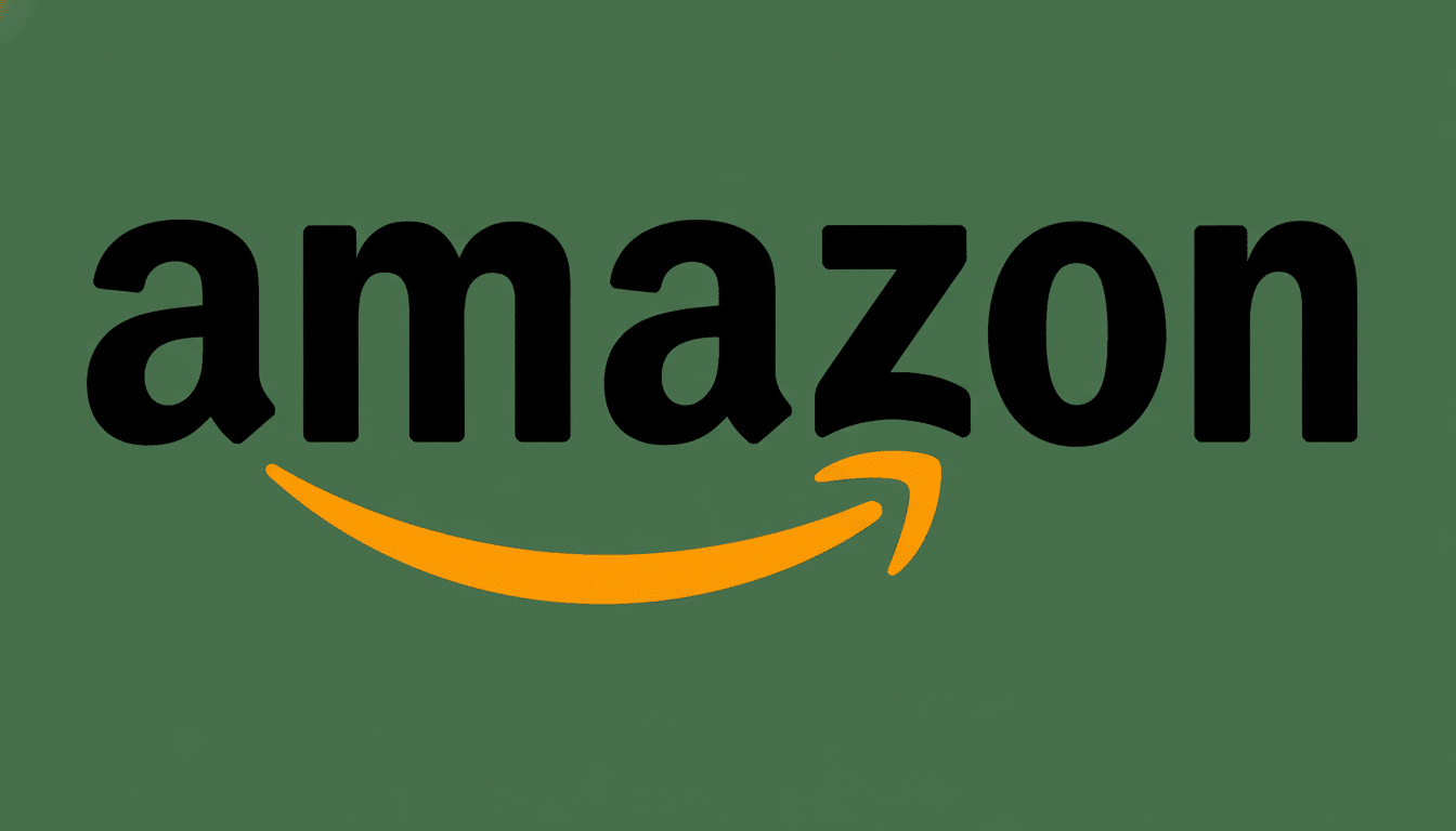 alt text: The Amazon logo with its iconic orange arrow, set against a solid forest green backgroun
