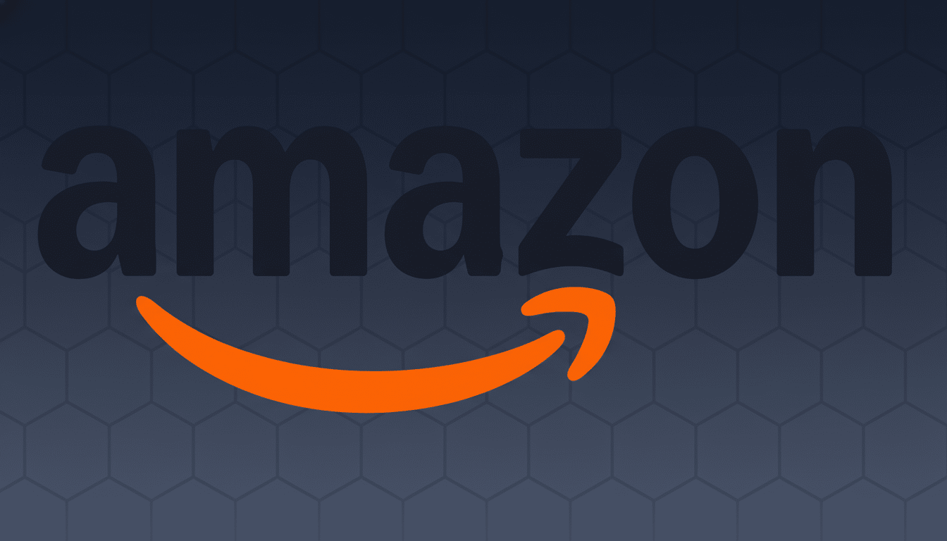 Amazon logo with a professional dark blue hexagonal pattern background.