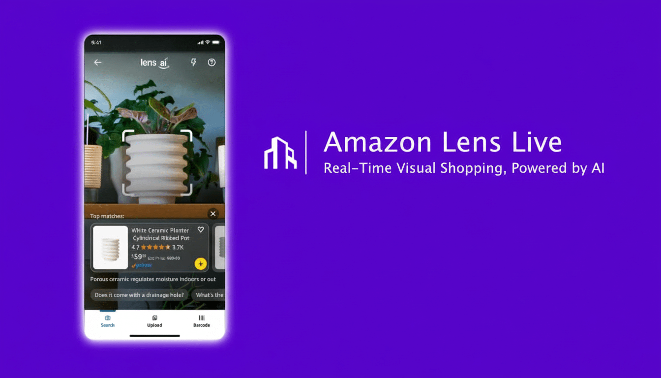 A mobile phone displaying the Amazon Lens Live app , showcasing real- time visual shopping with a white ceramic planter product page visible , against a vibrant purple background with the  Amazon Lens Live logo and tagline .