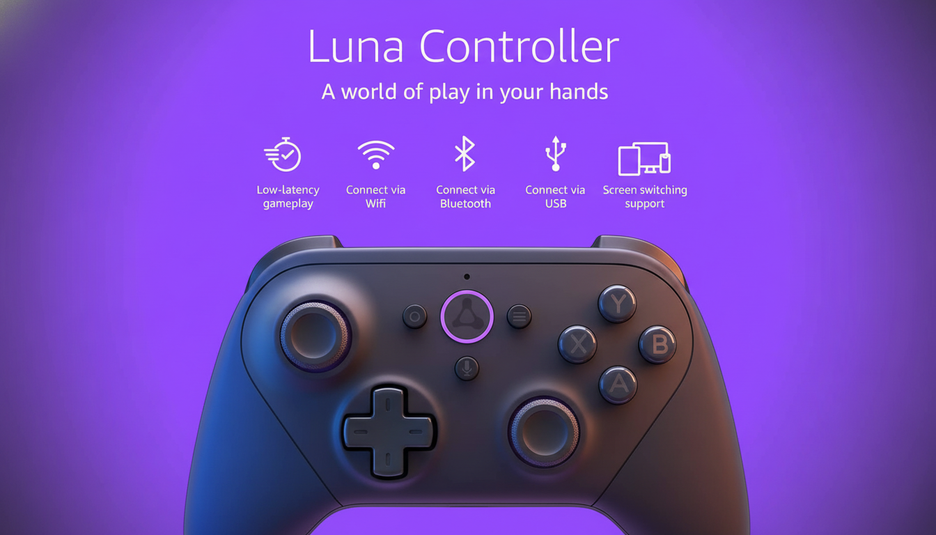 A Luna Controller in a 16:9 aspect ratio, with a professional flat design background featuring soft gradients. The controller is dark gray with purple accents, and text above it reads "Luna Controller: A world of play in your hands," along with icons and descriptions for "Low-latency gameplay," "Connect via Wifi," "Connect via Bluetooth," "Connect via USB," and "Screen switching support."