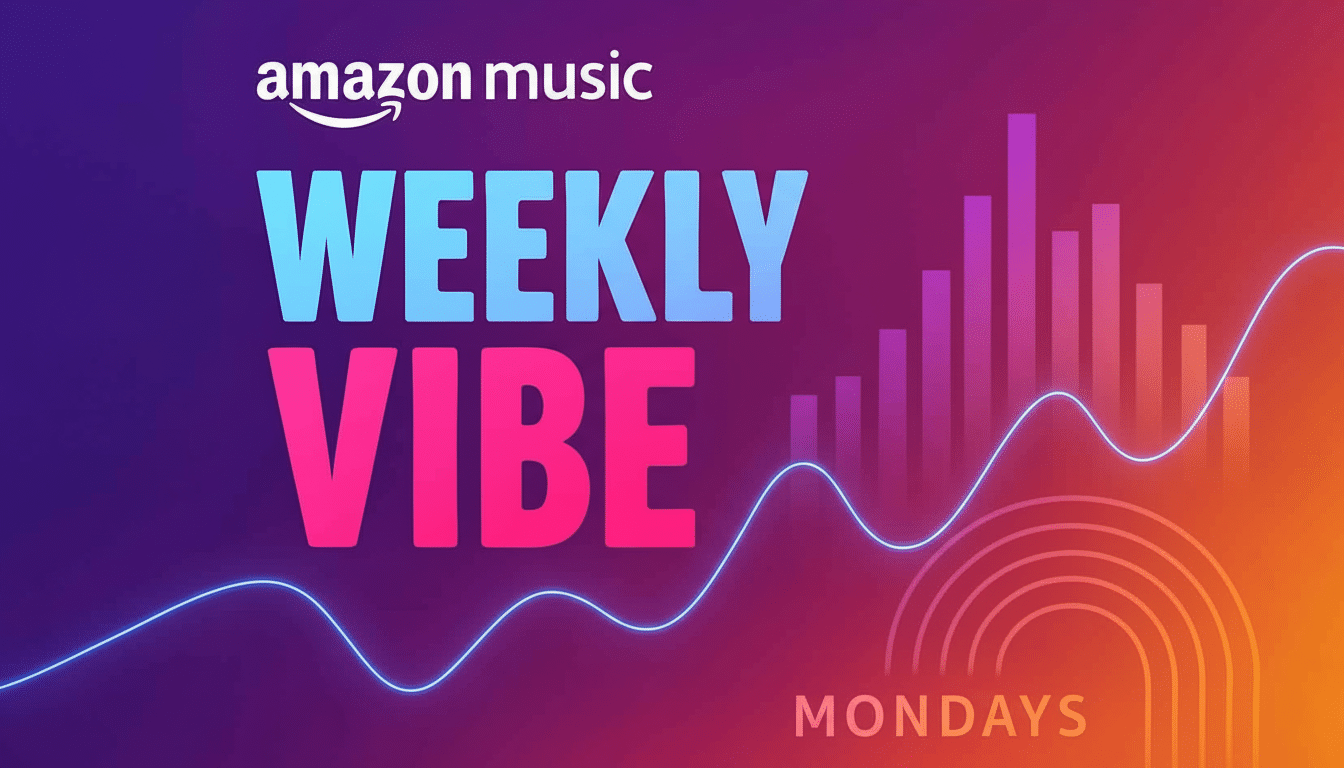 Amazon Music Weekly Vibe promotional image with a gradient background, sound wave graphics, and the text Mondays.