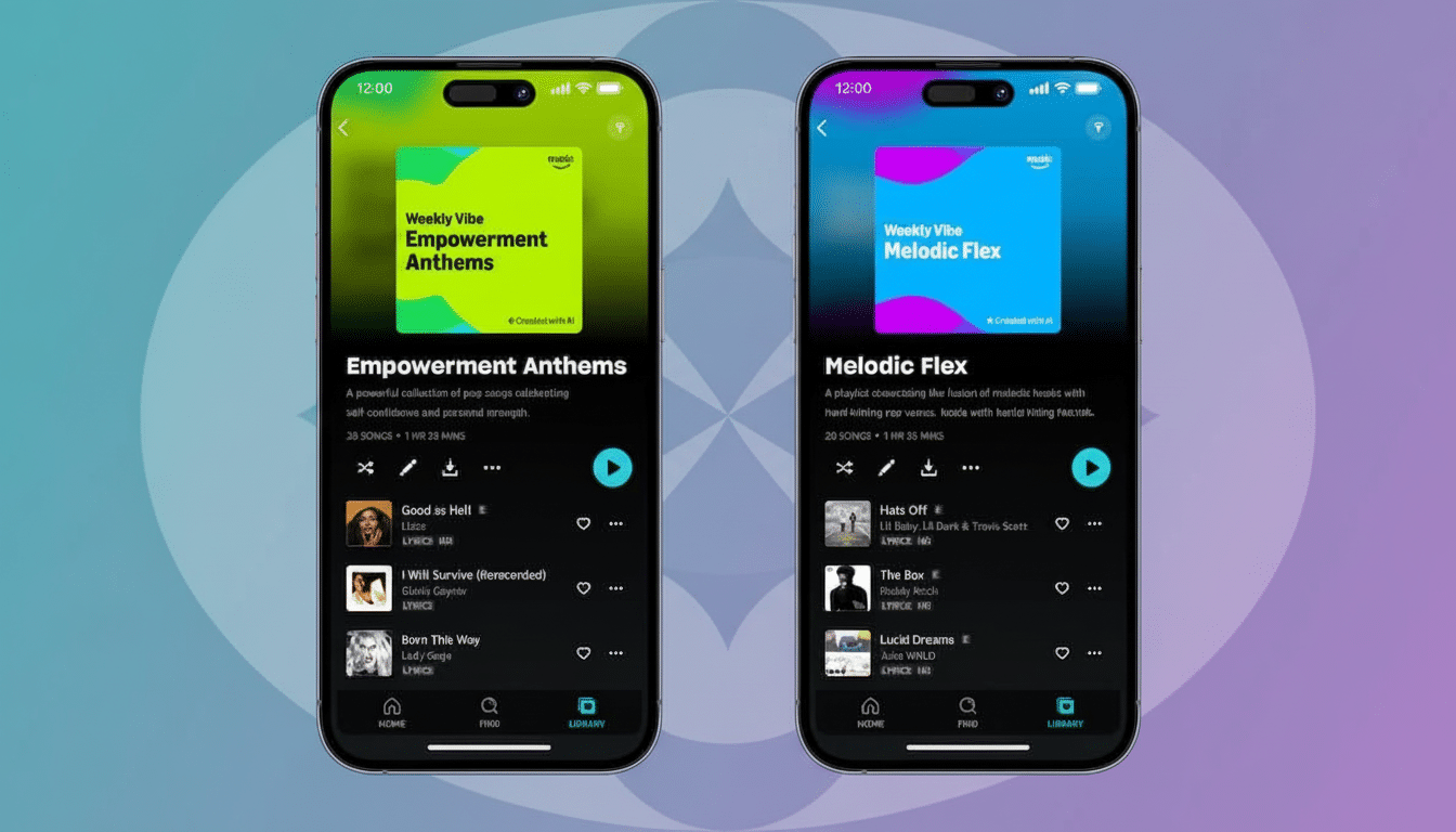 Two iPhones displaying a music streaming app. The left phone shows a Weekly Vibe Empowerment Ant hems playlist with a green album cover. The right pho
