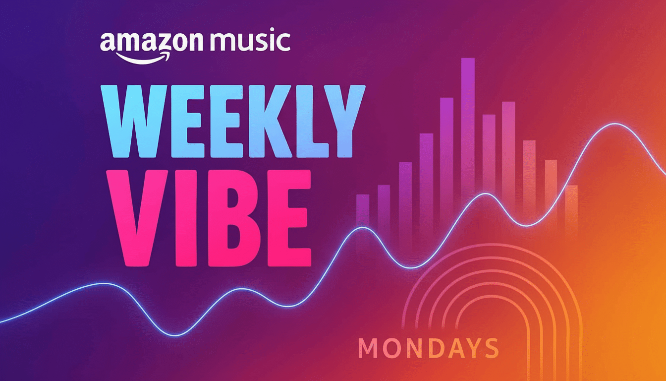 Amazon Music Weekly Vibe promotional image with a gradient background, sound waves, and Mondays text.