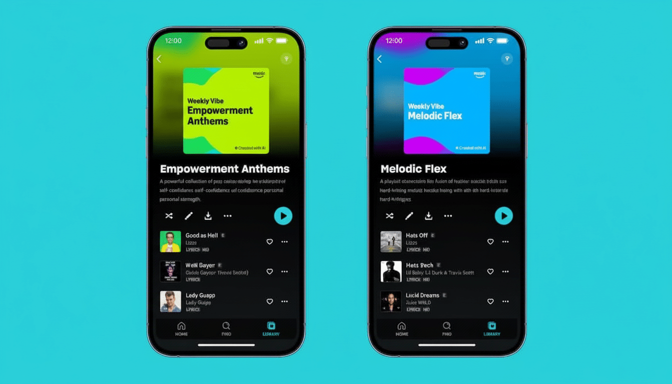Two iPhones displaying music playlists side -by-side, one with Empowerment Ant hems and the other with Melodic Flex on a flat blue background.