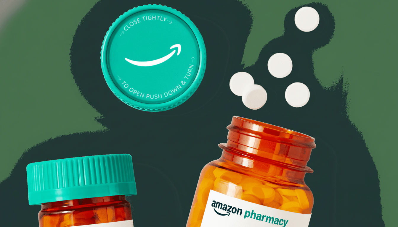 A 16:9 aspect ratio image of two Amazon Pharmacy pill bottles, one open with its cap displaying instructions and the Amazon smile logo, and several white pills scattered nearby .