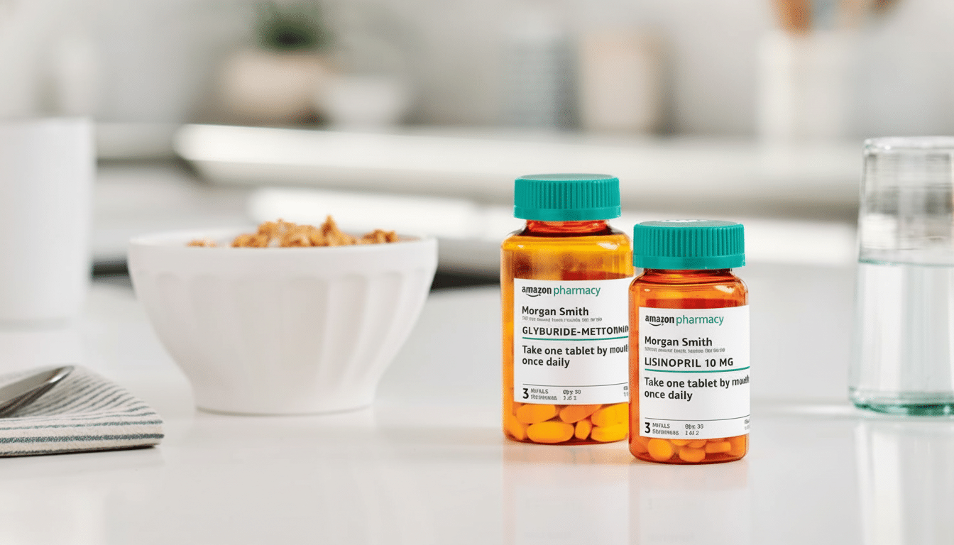 Two prescription bottles from Amazon Pharmacy, labeled for Morgan Smith, with Glyburide- Metformin and Lis inopril 10 mg, sitting on a kitchen counter next to a bowl of cereal and a glass of water.