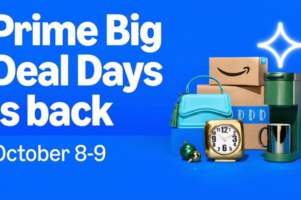 An advertisement for Amazon Prime Big Deal Days with text and various products.