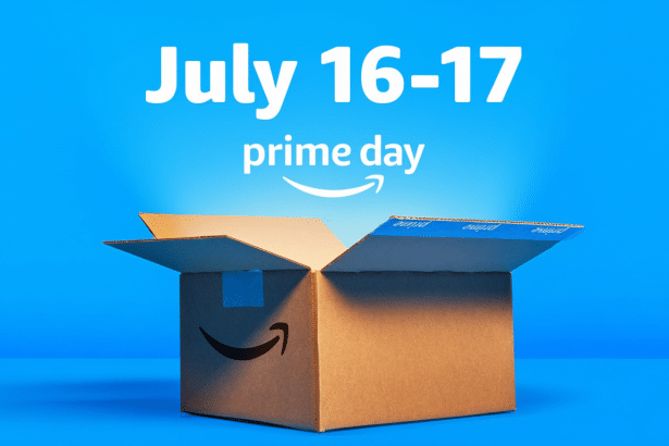 An Amazon Prime Day promotional image featuring an open Amazon cardboard box against a vibrant blue background , with the text July 1 6-17 prime day in white above the box.