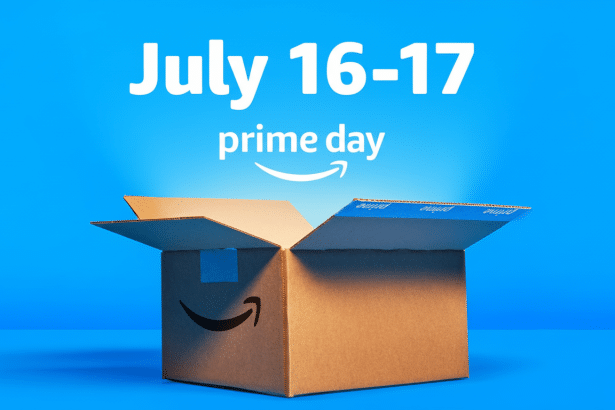 An Amazon Prime Day promotional image featuring an open cardboard box with the Amazon smile logo on a vibrant blue background. White text above reads July 16-1 7 and prime day . Filename : amazonprime daypromo . png