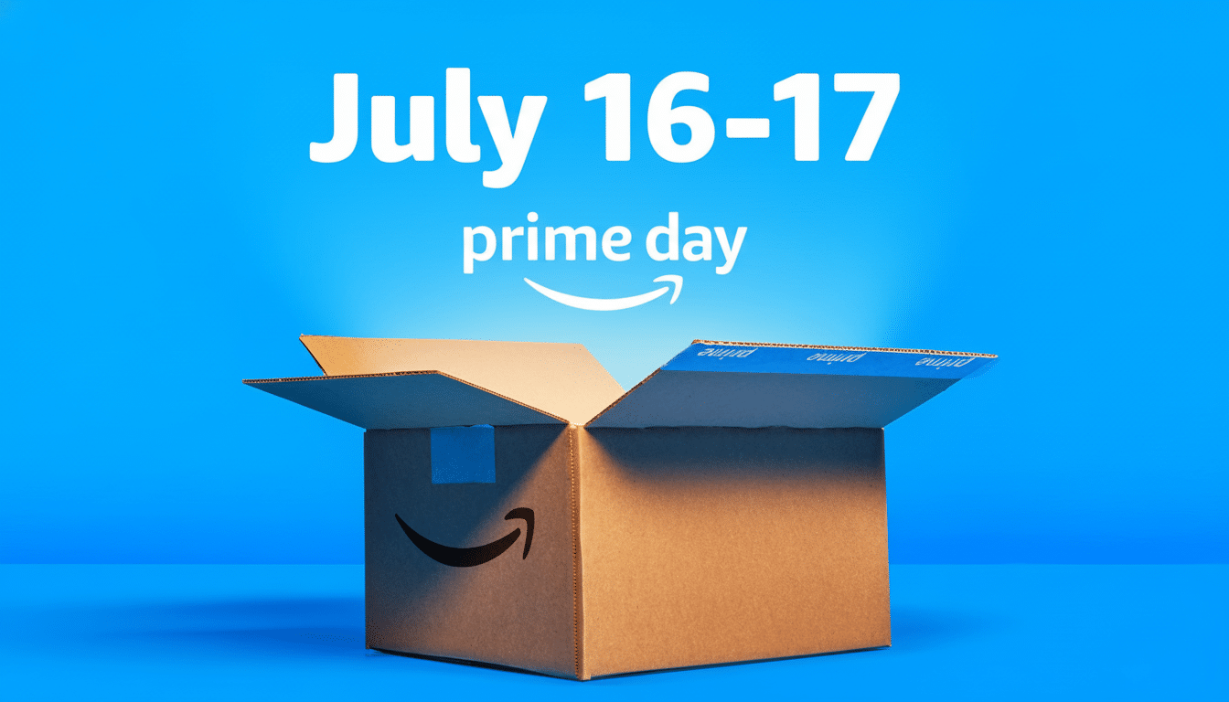 An Amazon Prime Day promotional image featuring an open cardboard box with the Amazon smile logo on a vibrant blue background. White text above reads July 16-1 7 and prime day . Filename : amazonprime daypromo . png
