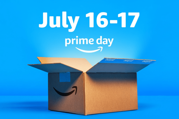 An Amazon Prime Day promotional image featuring an open cardboard box with the Amazon smile logo on a bright blue background. Above the box, the text